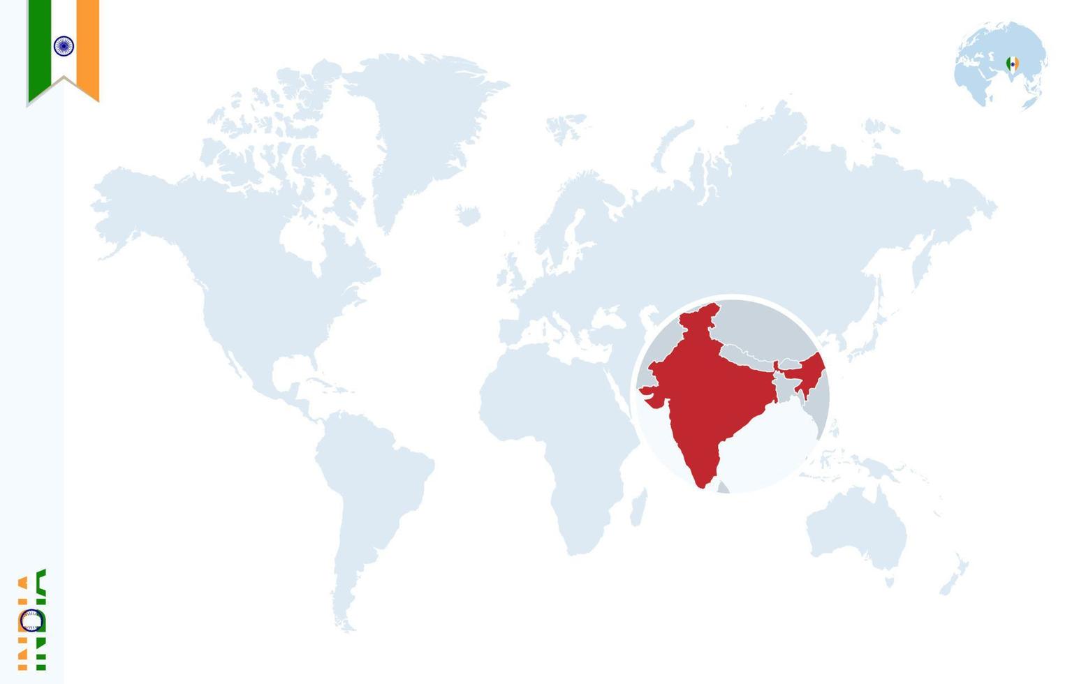 Blue world map with magnifying on India. vector