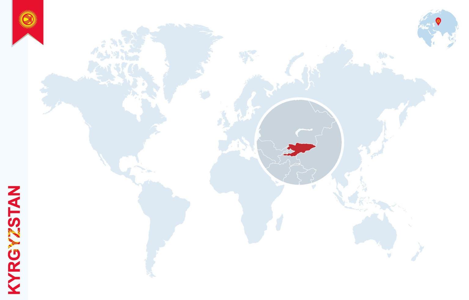 mapa del mundo azul con lupa en Kirguistán. vector