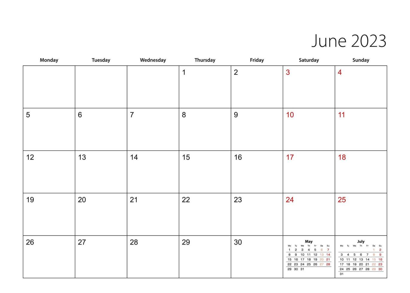 June 2023 simple calendar planner, week starts from Monday. vector