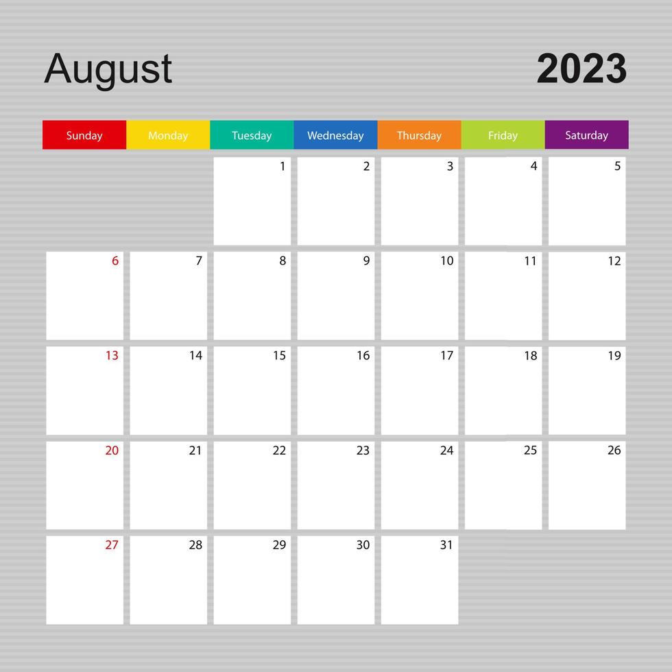 Calendar page for August 2023, wall planner with colorful design. Week starts on Sunday. vector
