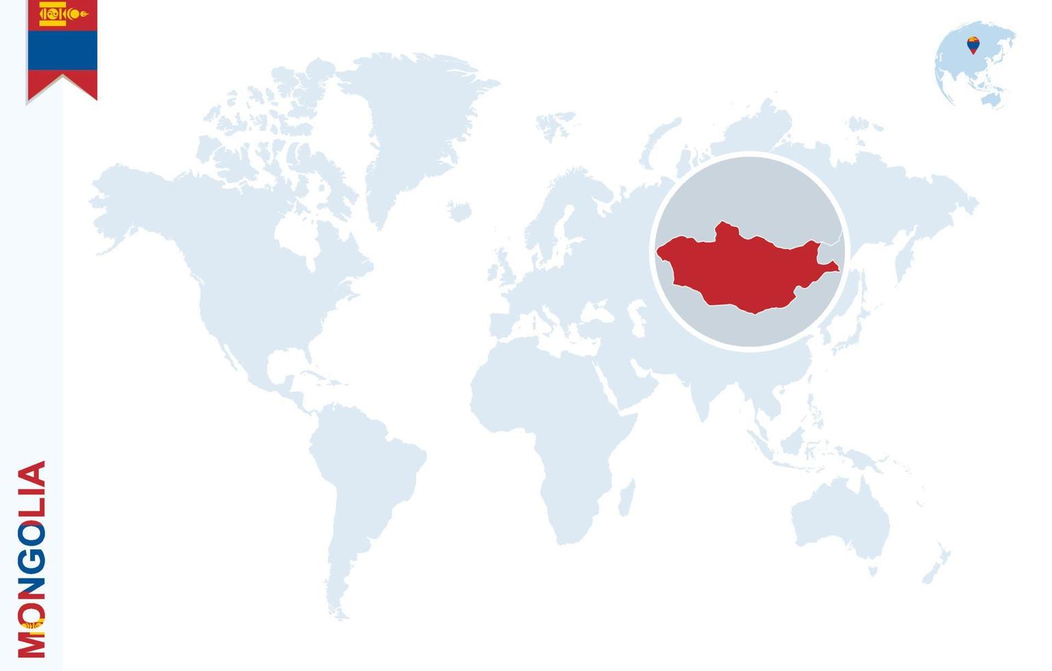 Blue world map with magnifying on Mongolia. vector