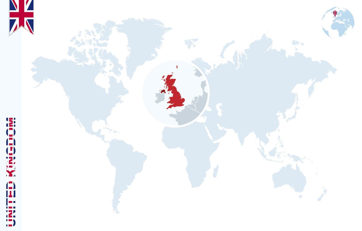 Blue world map with magnifying on United Kingdom. vector