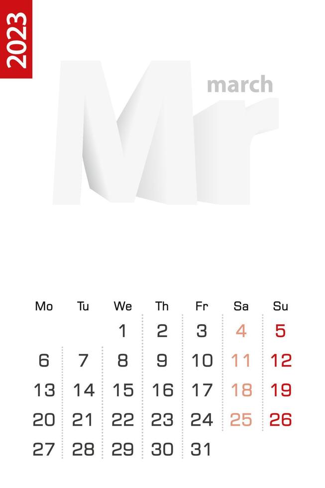 Minimalist calendar template for March 2023, vector calendar in English.