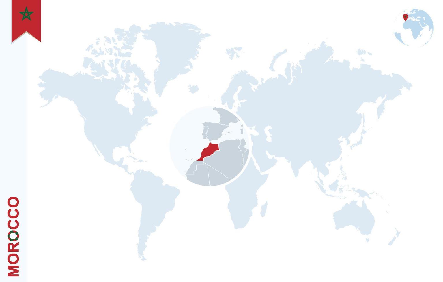 mapa del mundo azul con lupa en marruecos. vector