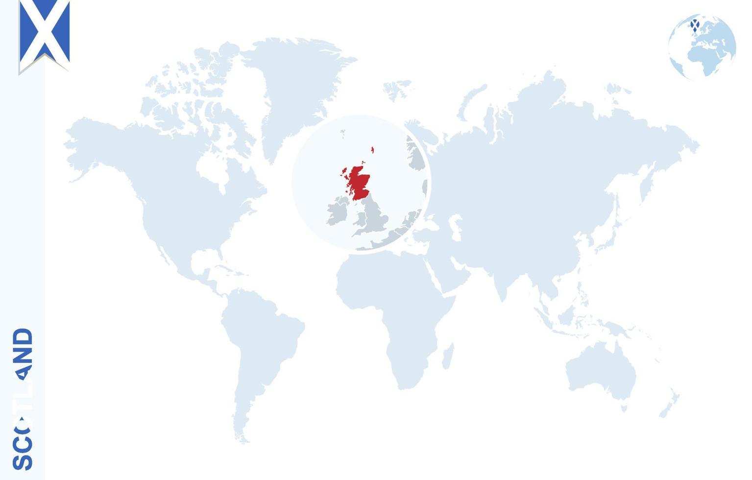 mapa del mundo azul con lupa en escocia. vector