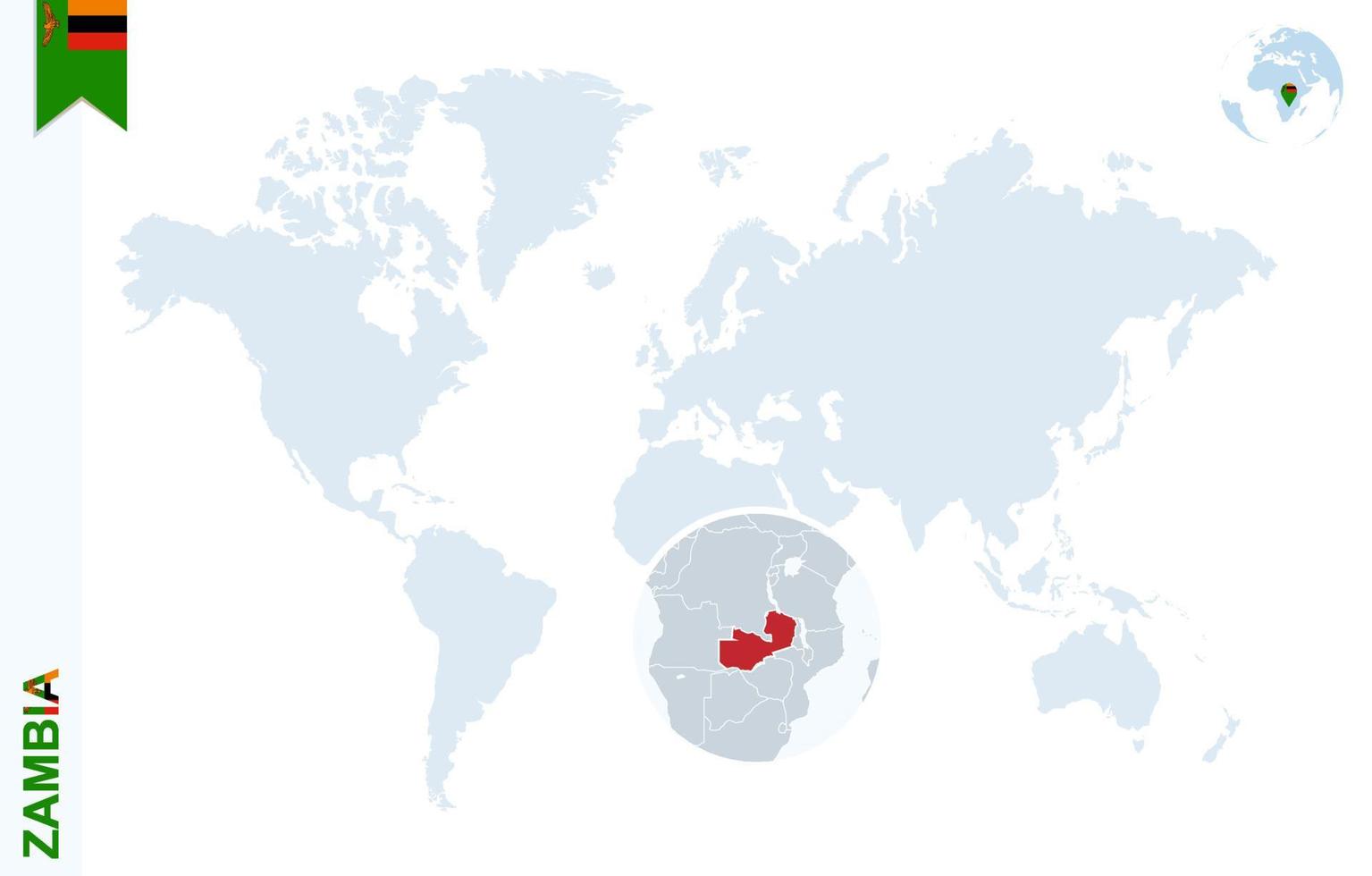 Blue world map with magnifying on Zambia. vector