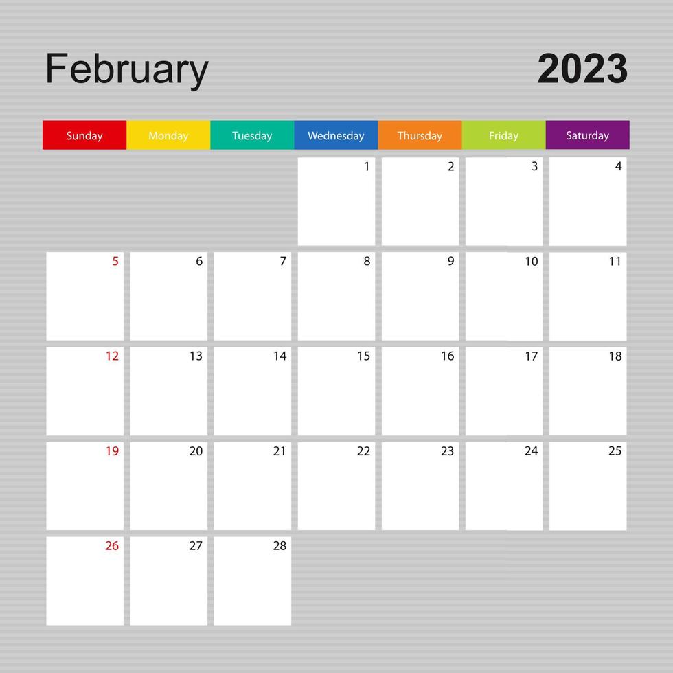 Calendar page for February 2023, wall planner with colorful design. Week starts on Sunday. vector