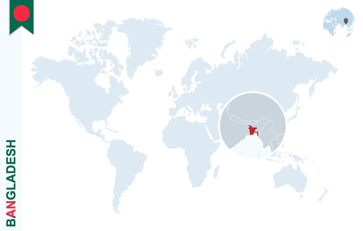 mapa del mundo azul con lupa en bangladesh. vector