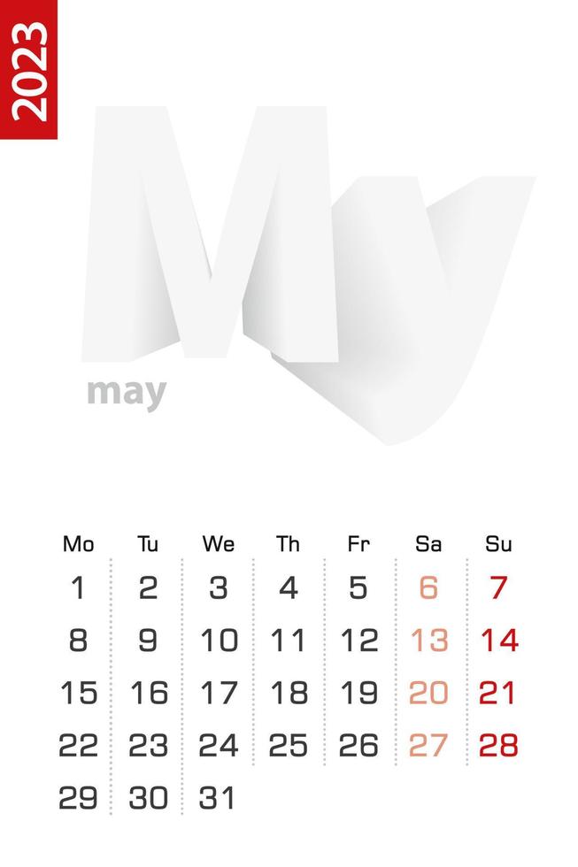 Minimalist calendar template for May 2023, vector calendar in English.