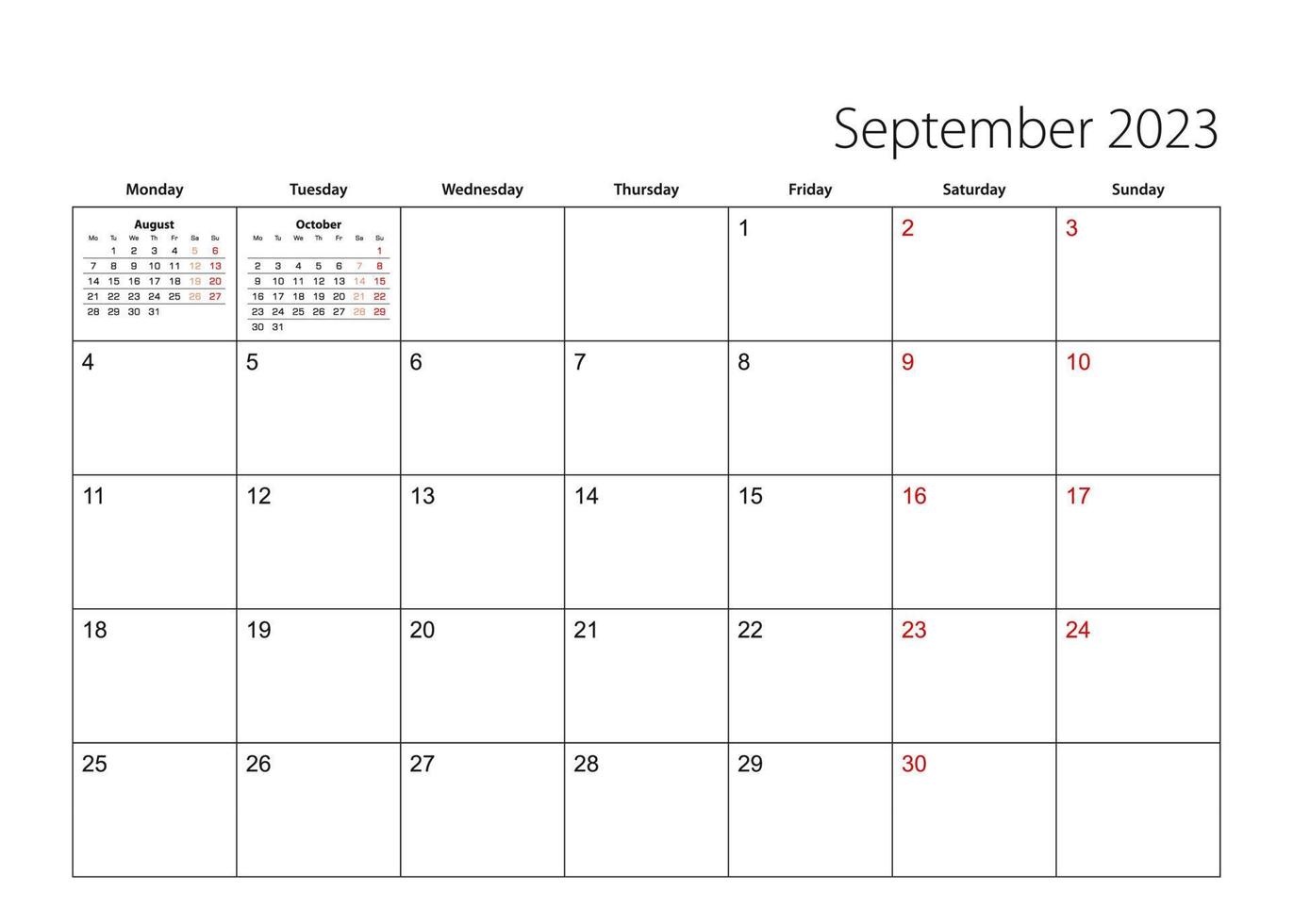 planificador de calendario simple de septiembre de 2023, la semana comienza el lunes. vector