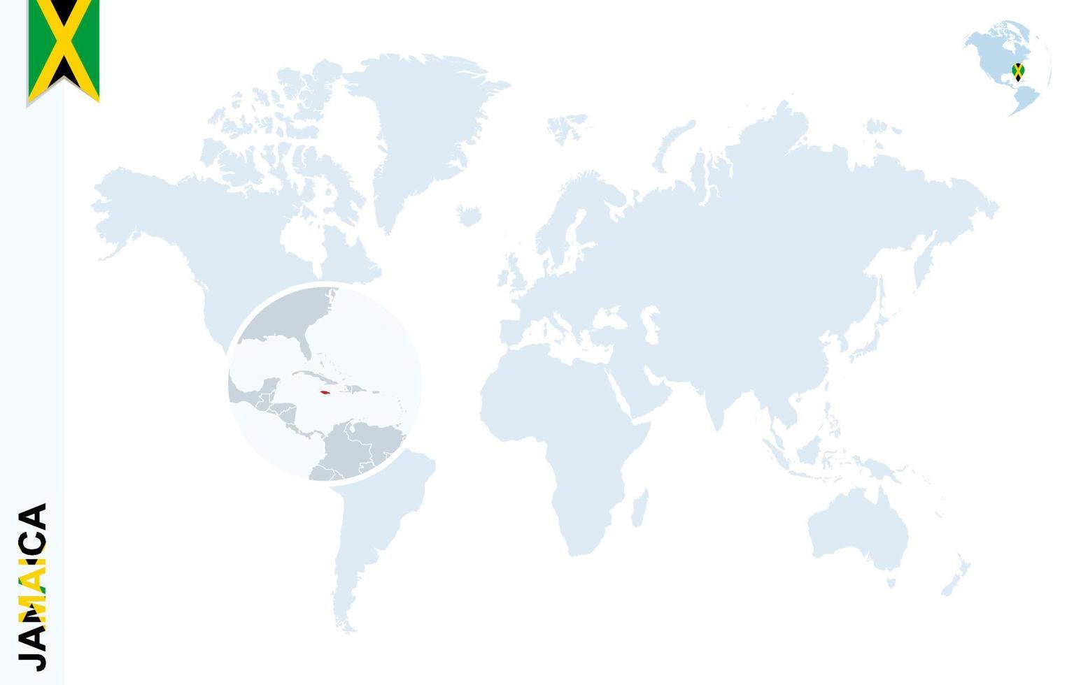 mapa del mundo azul con lupa en jamaica. vector