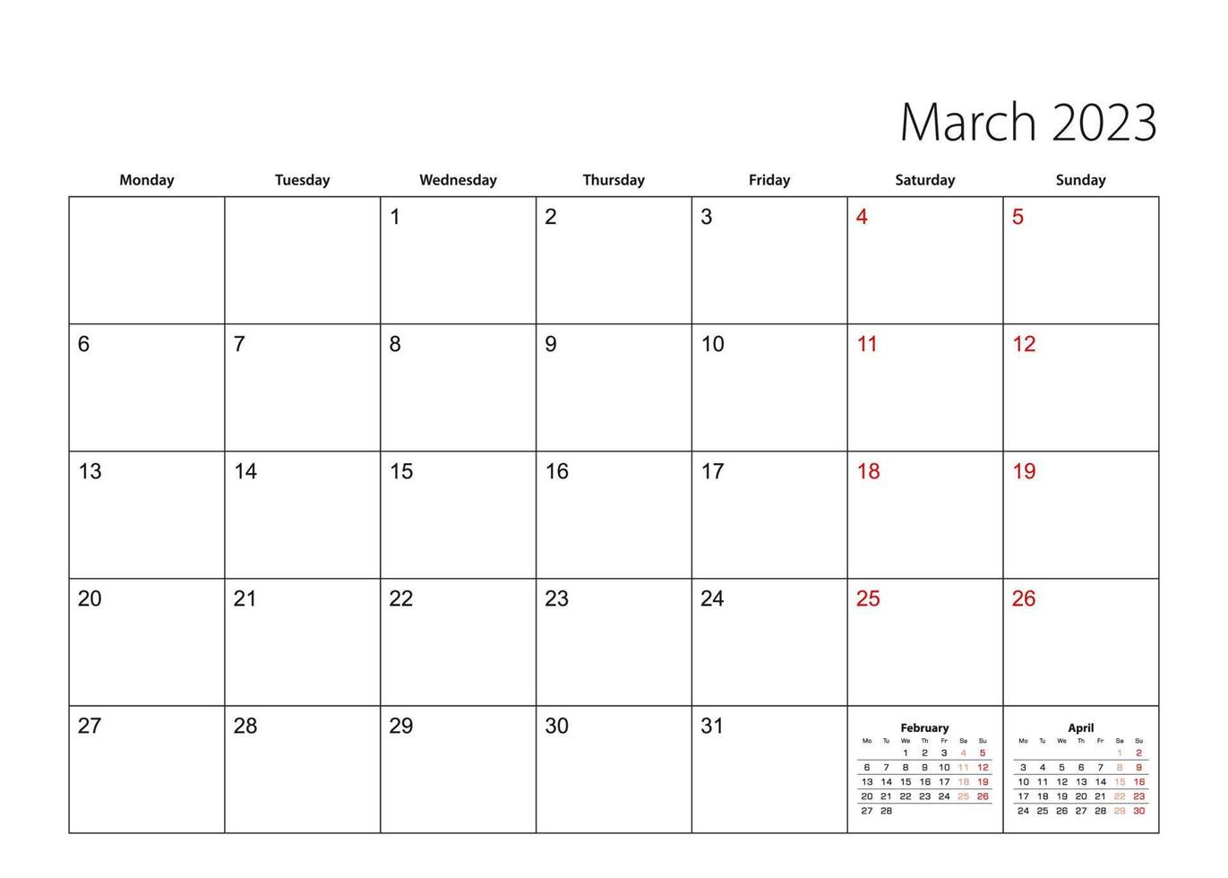 March 2023 simple calendar planner, week starts from Monday. vector