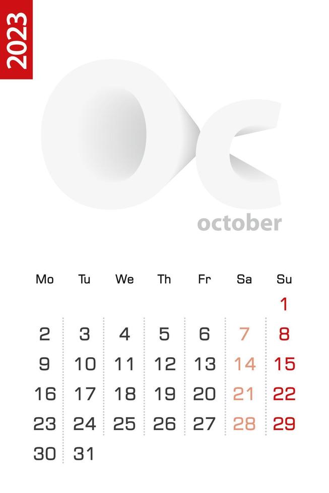 Minimalist calendar template for October 2023, vector calendar in English.