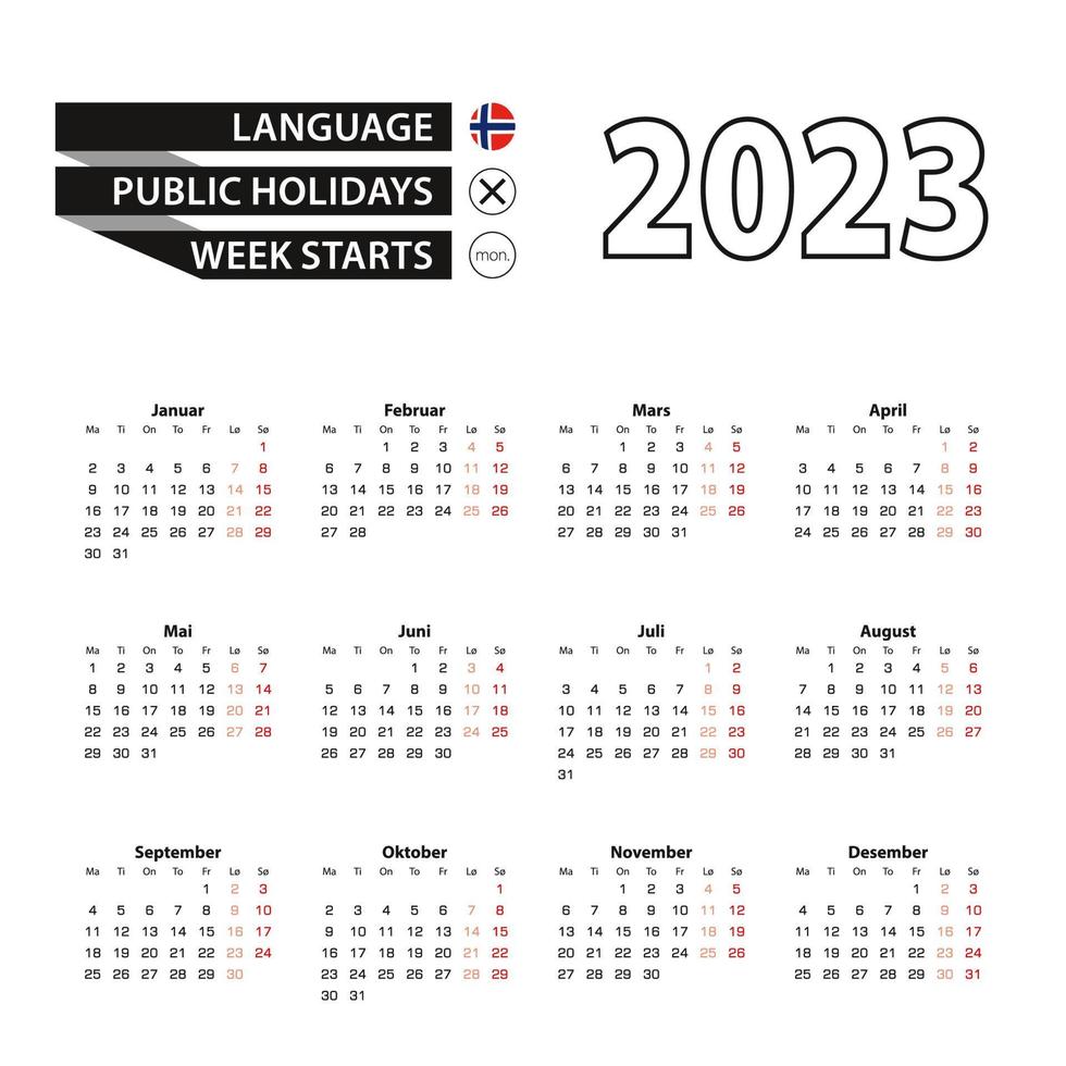 Calendar 2023 in Norwegian language, week starts on Monday. vector