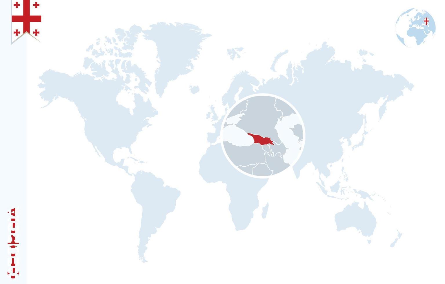 mapa del mundo azul con lupa en georgia. vector