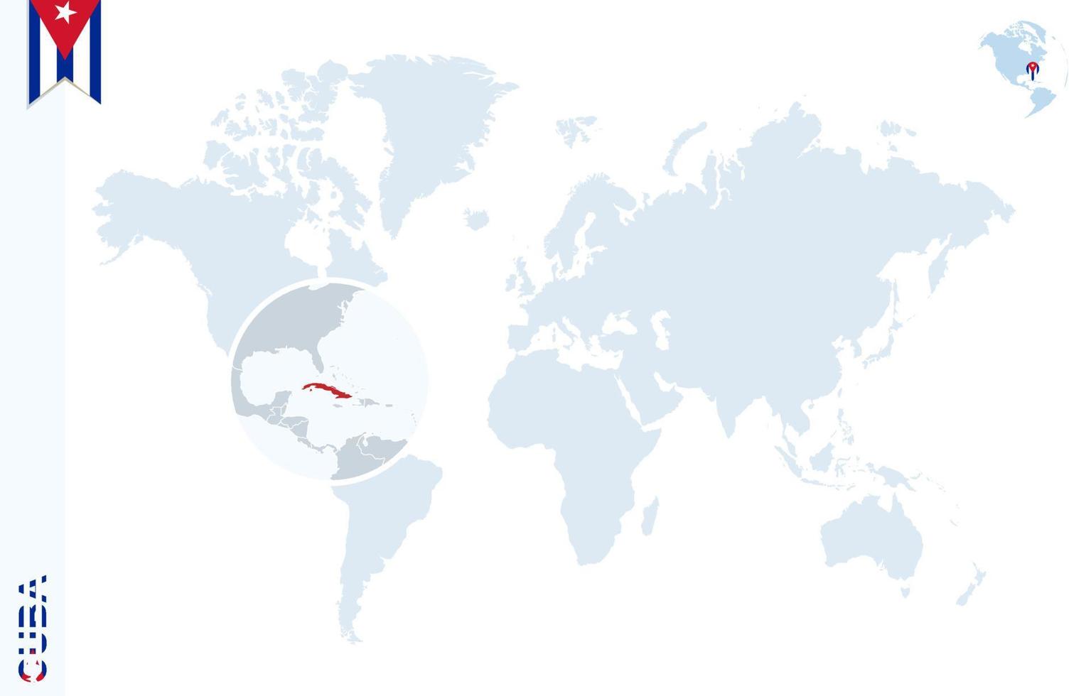 Blue world map with magnifying on Cuba. vector