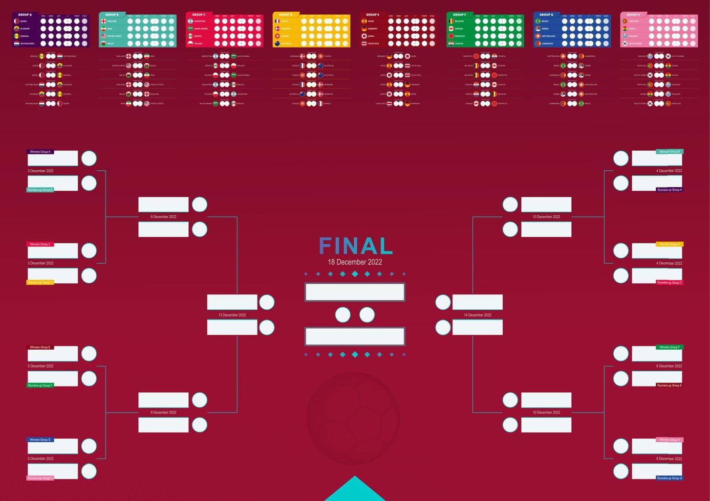 tabla de resultados de fútbol, banderas de países que participan en el torneo de fútbol 2022. plantilla de soporte de torneo para impresión o web. vector