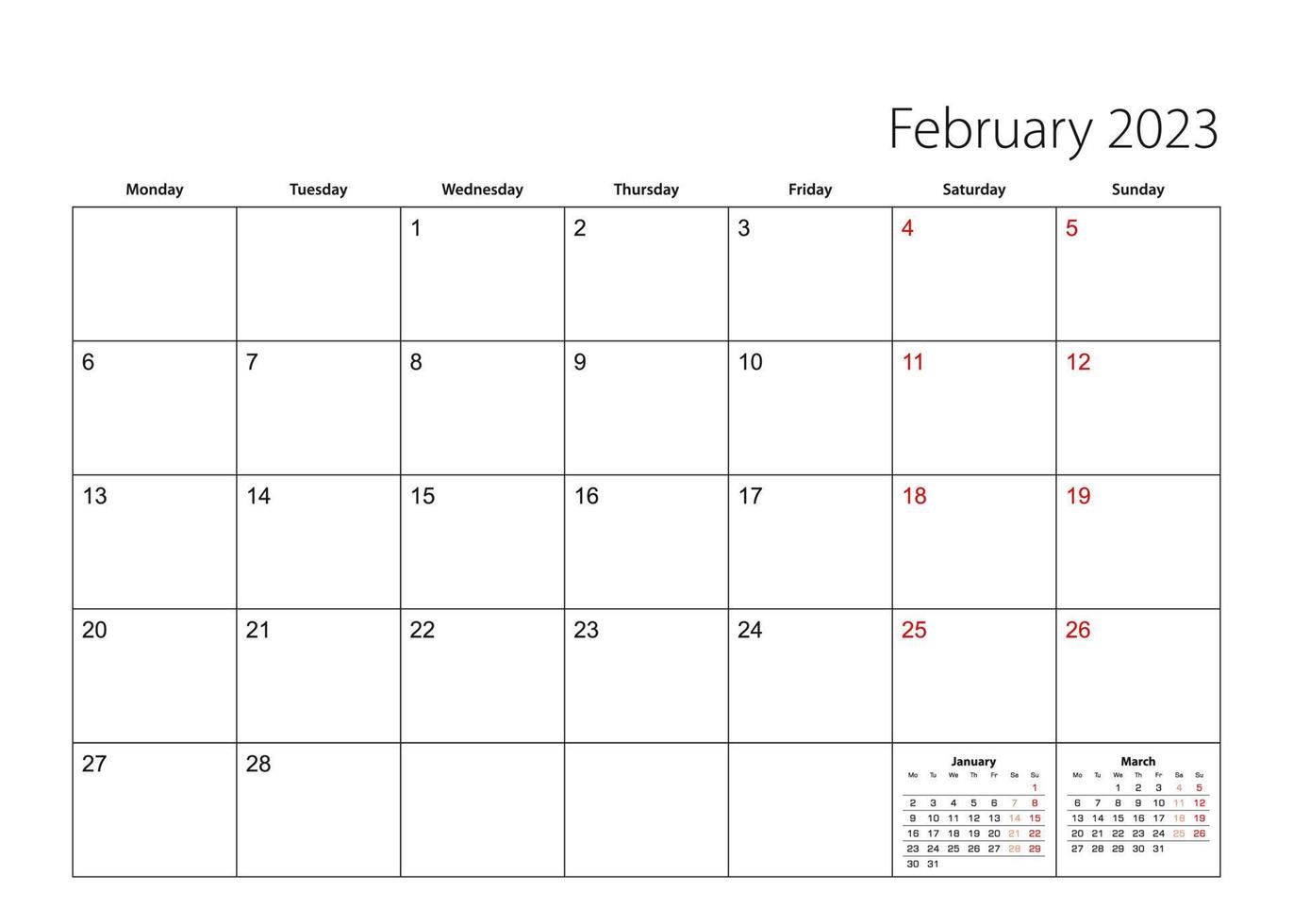 February 2023 simple calendar planner, week starts from Monday. vector
