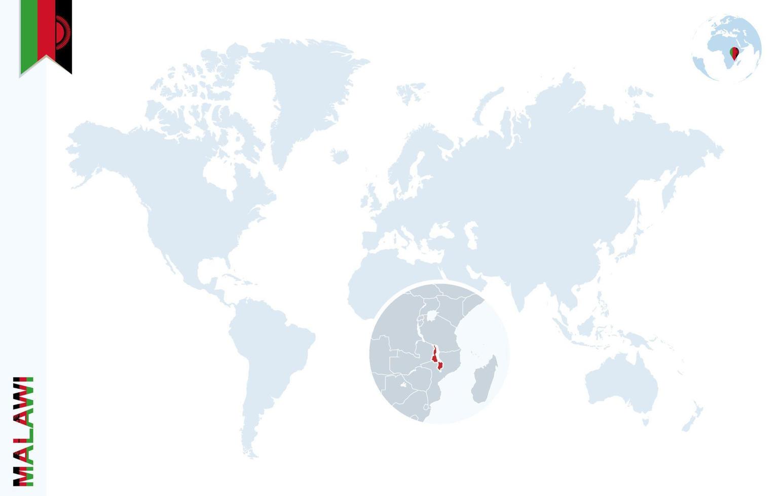 Blue world map with magnifying on Malawi. vector