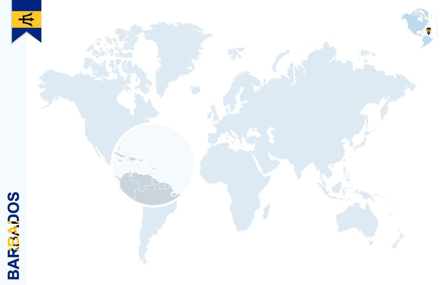 mapa del mundo azul con lupa en barbados. vector