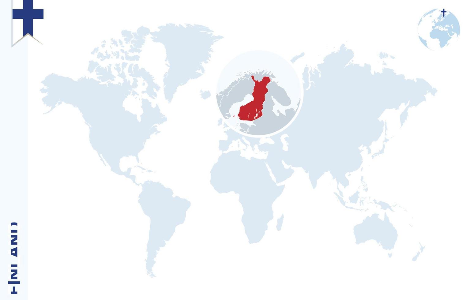 mapa del mundo azul con lupa en finlandia. vector
