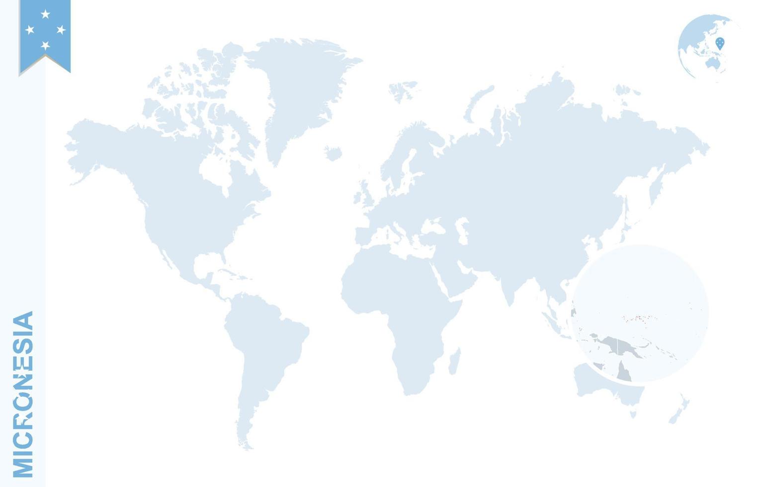 Blue world map with magnifying on Micronesia. vector