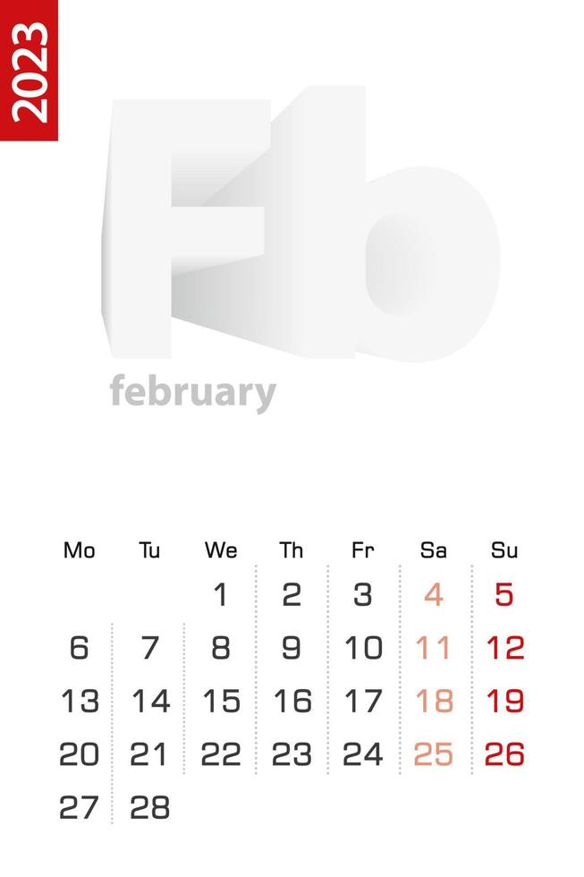 Minimalist calendar template for February 2023, vector calendar in English.