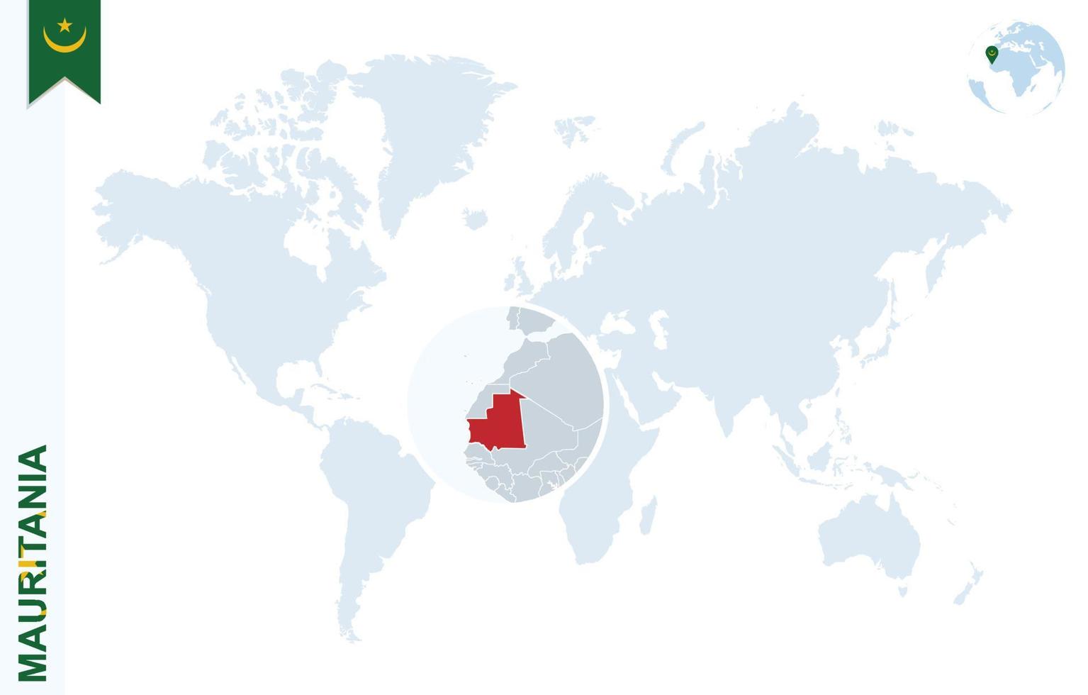 Blue world map with magnifying on Mauritania. vector