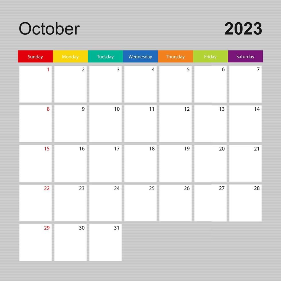 Calendar page for October 2023, wall planner with colorful design. Week starts on Sunday. vector