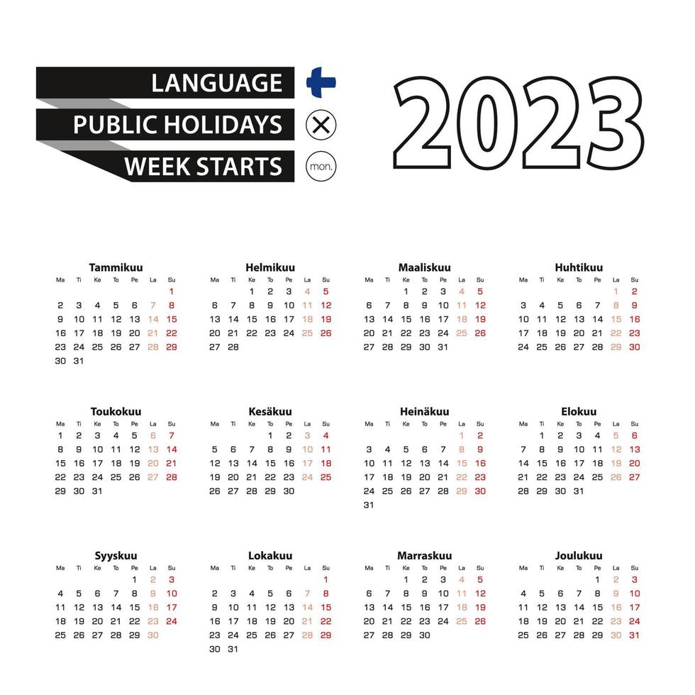 Calendar 2023 in Finnish language, week starts on Monday. vector