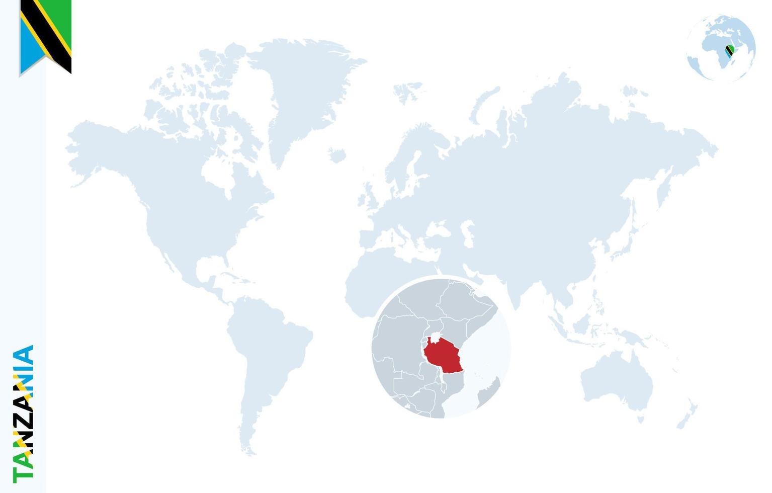 mapa del mundo azul con lupa en tanzania. vector