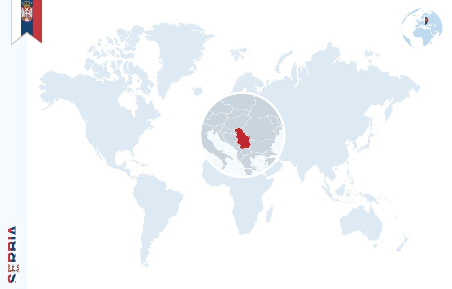 mapa del mundo azul con lupa en serbia. vector