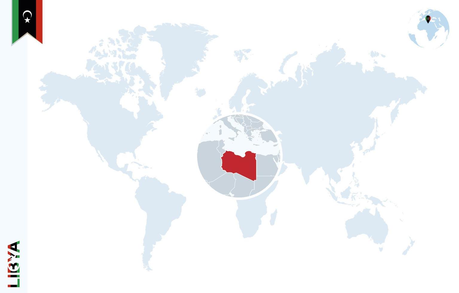 Blue world map with magnifying on Libya. vector