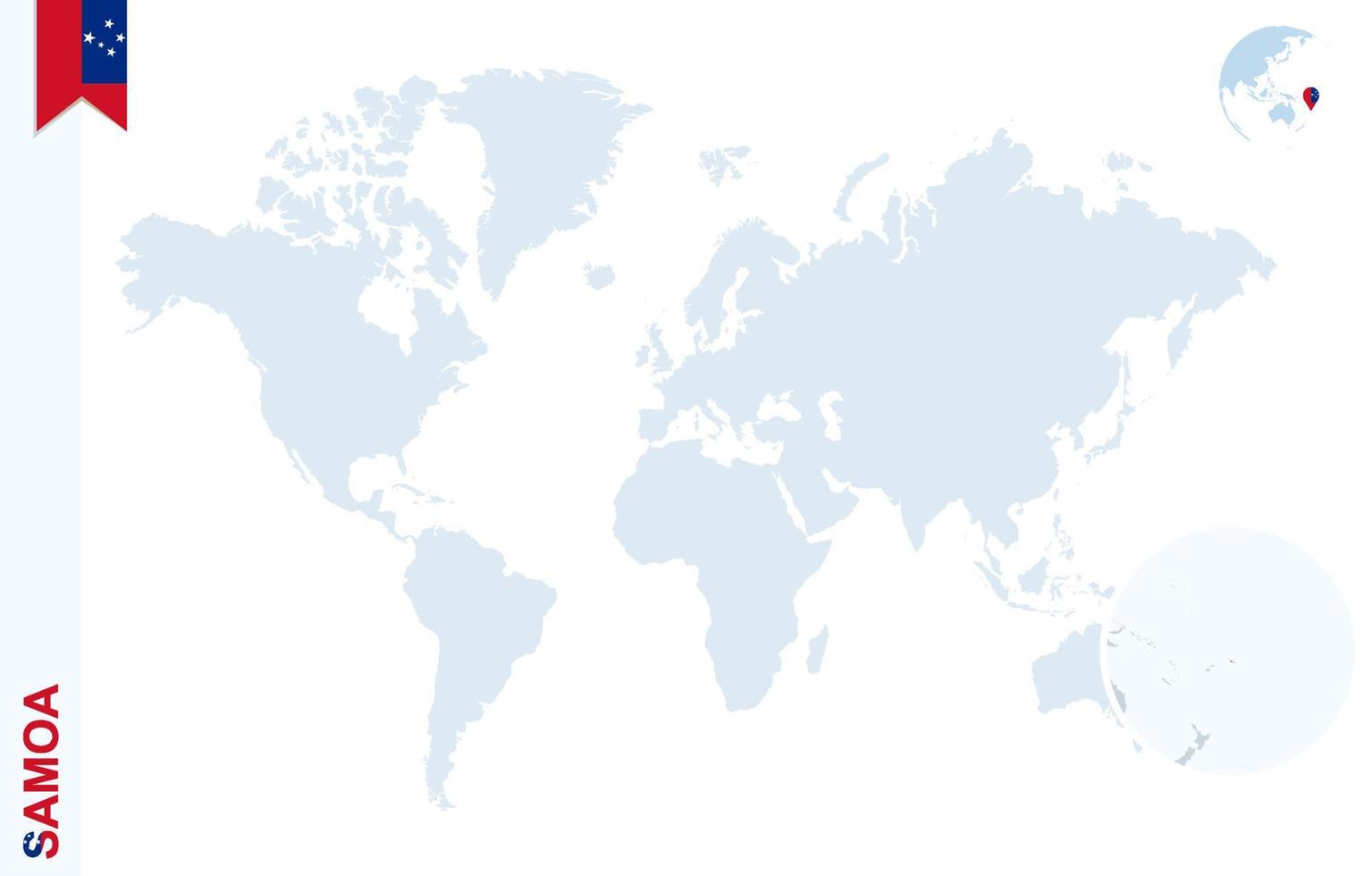 mapa del mundo azul con lupa en samoa. vector