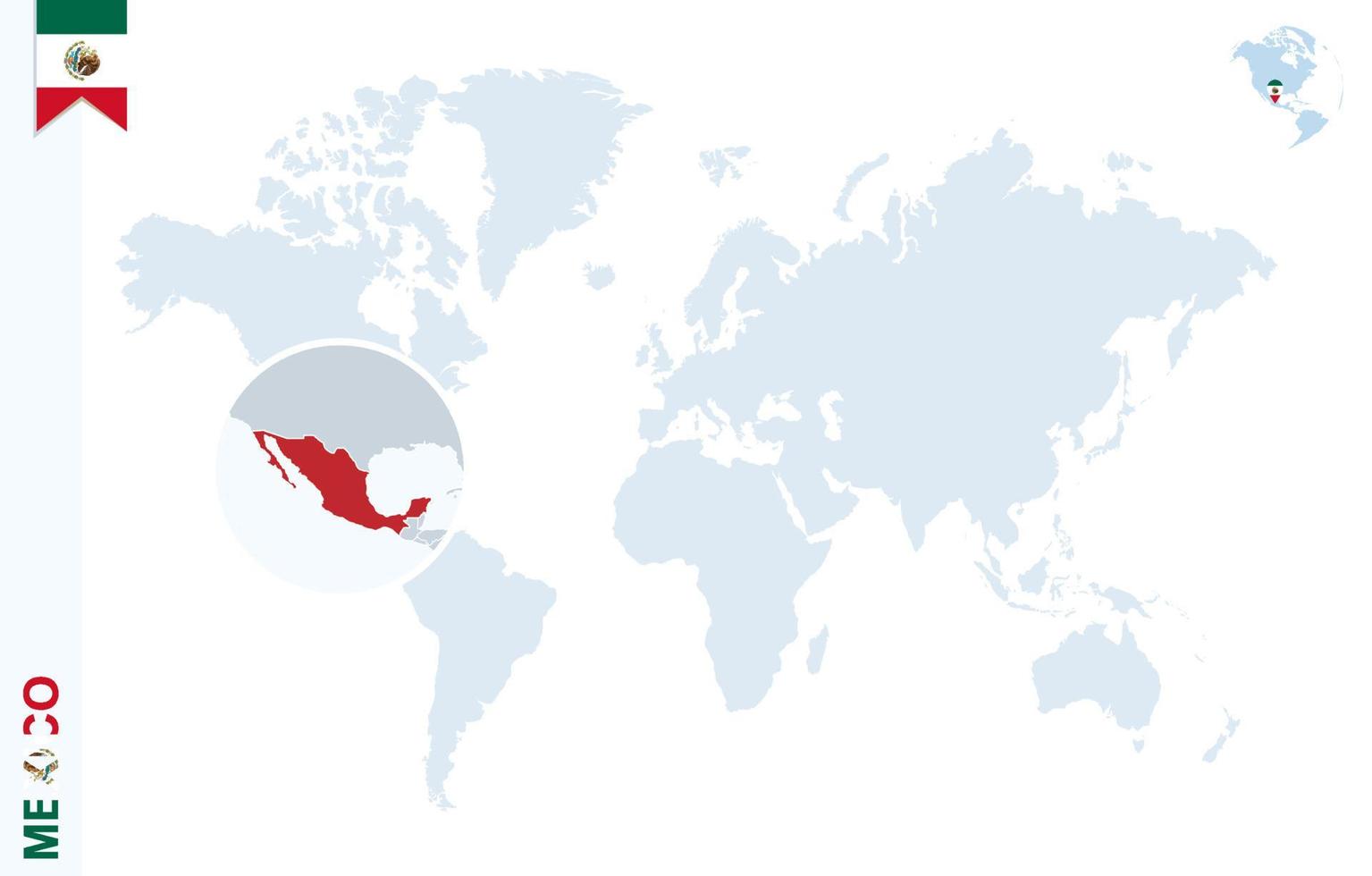 Blue world map with magnifying on Mexico. vector