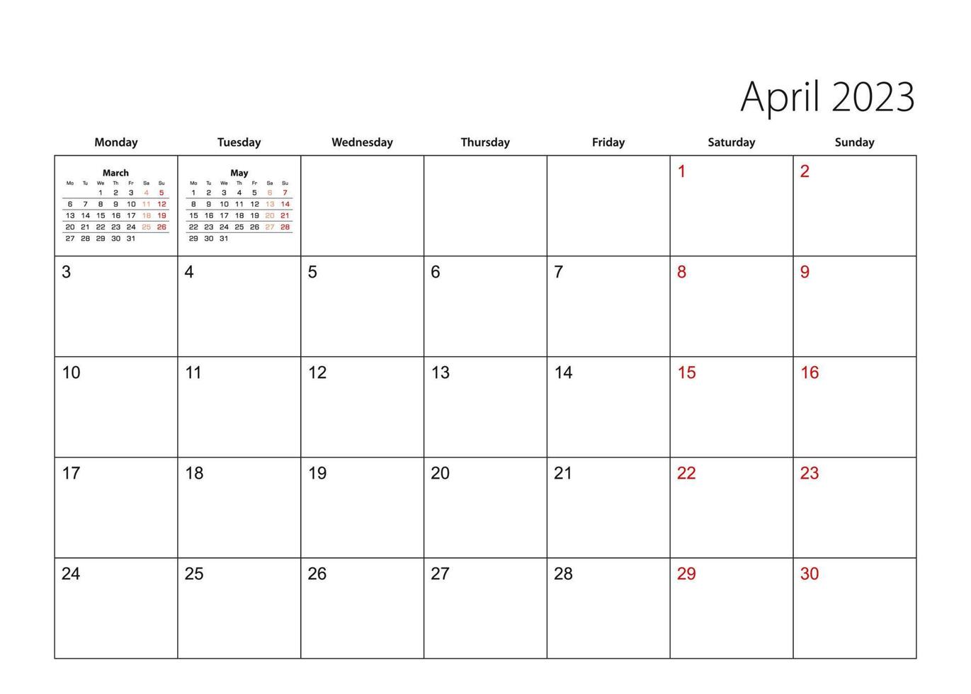 April 2023 simple calendar planner, week starts from Monday. vector