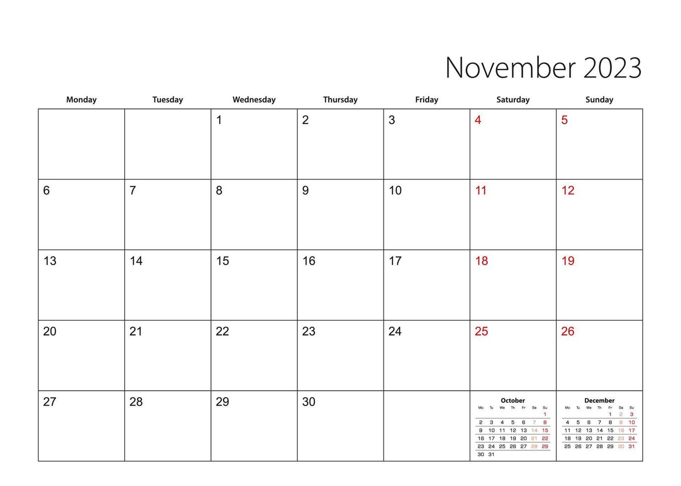 November 2023 simple calendar planner, week starts from Monday. vector