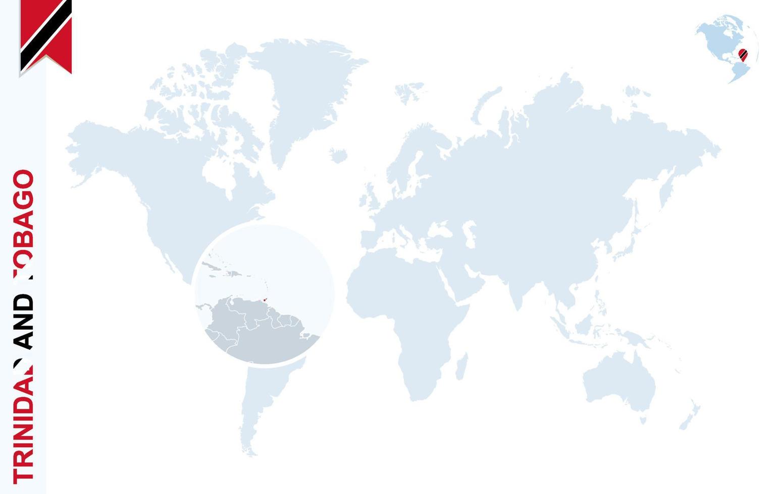 Blue world map with magnifying on Trinidad and Tobago. vector