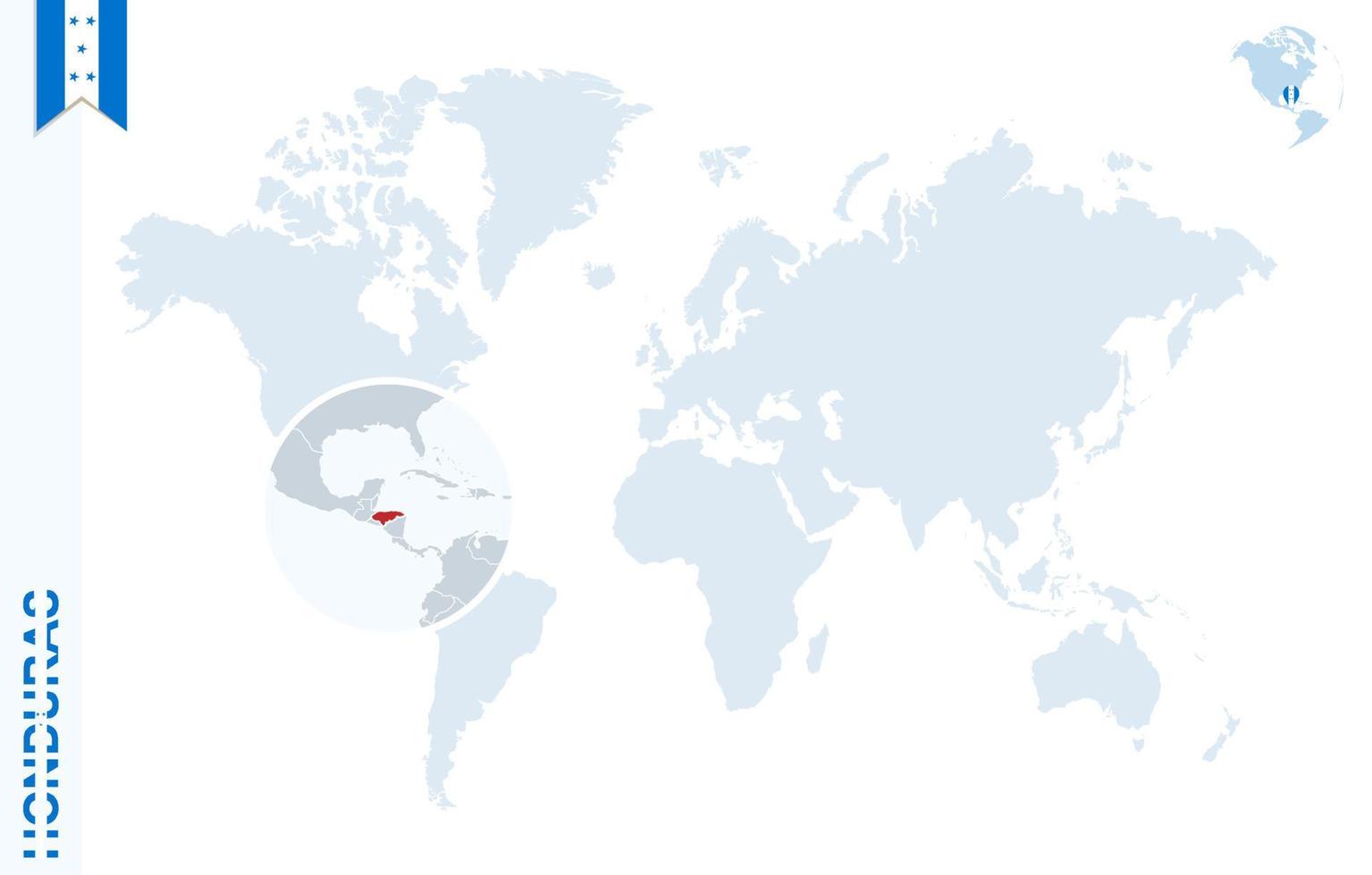 Blue world map with magnifying on Honduras. vector