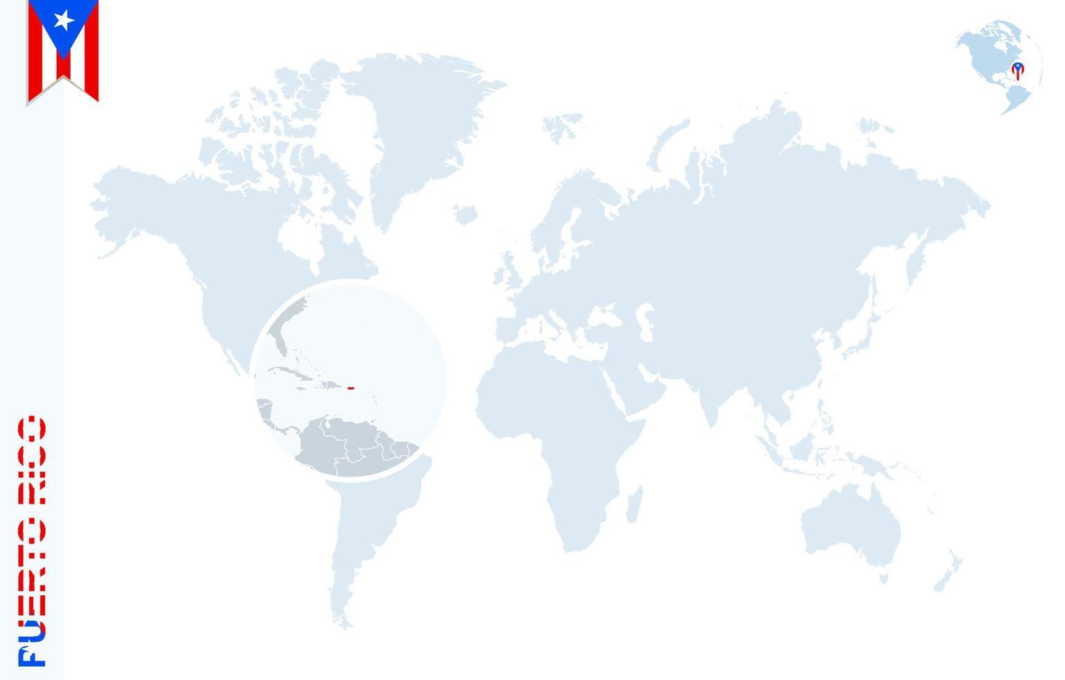mapa del mundo azul con lupa en puerto rico. vector