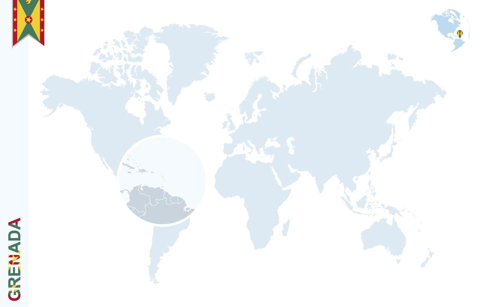 Blue world map with magnifying on Grenada. vector