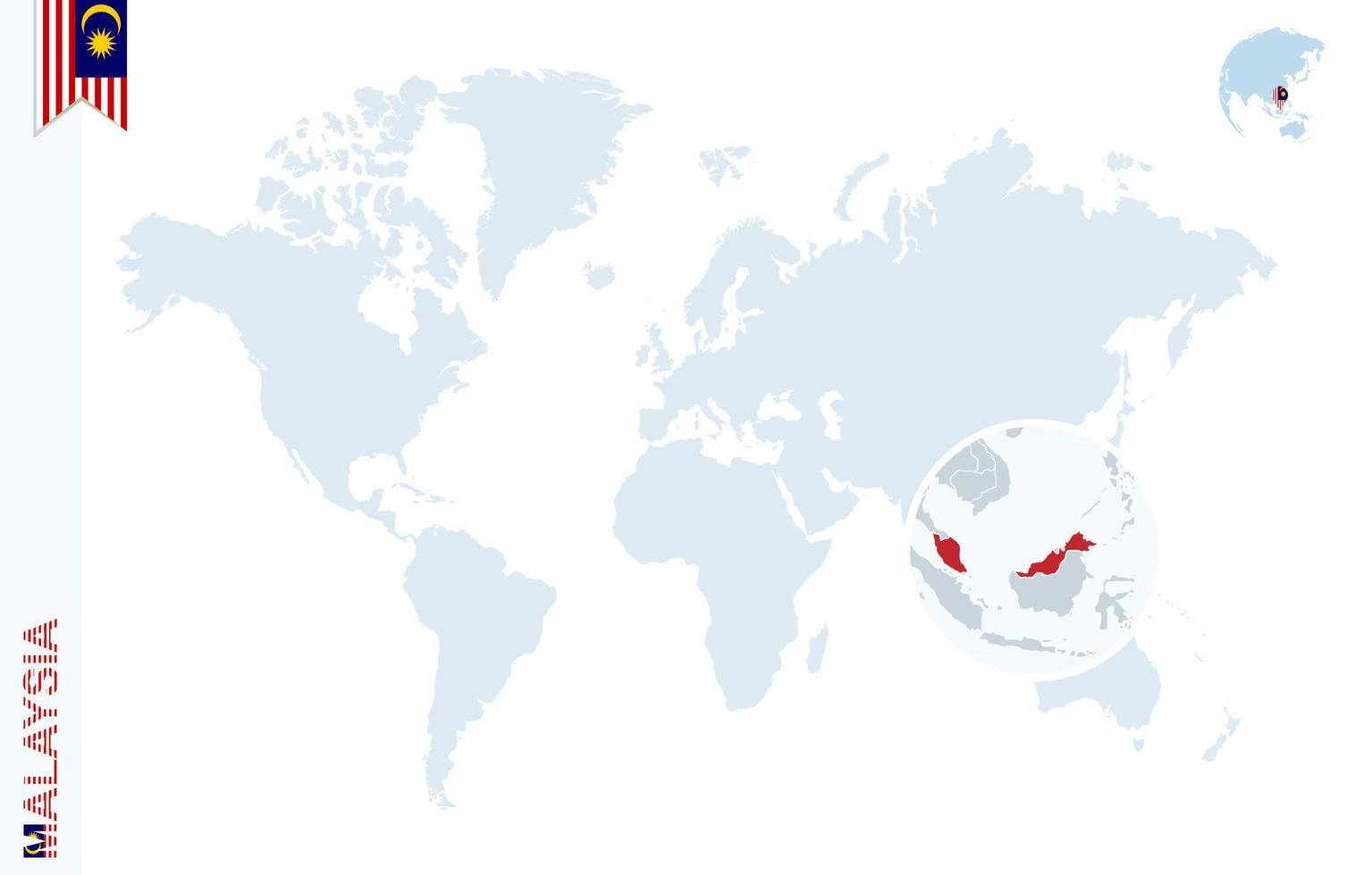 mapa del mundo azul con lupa en malasia. vector