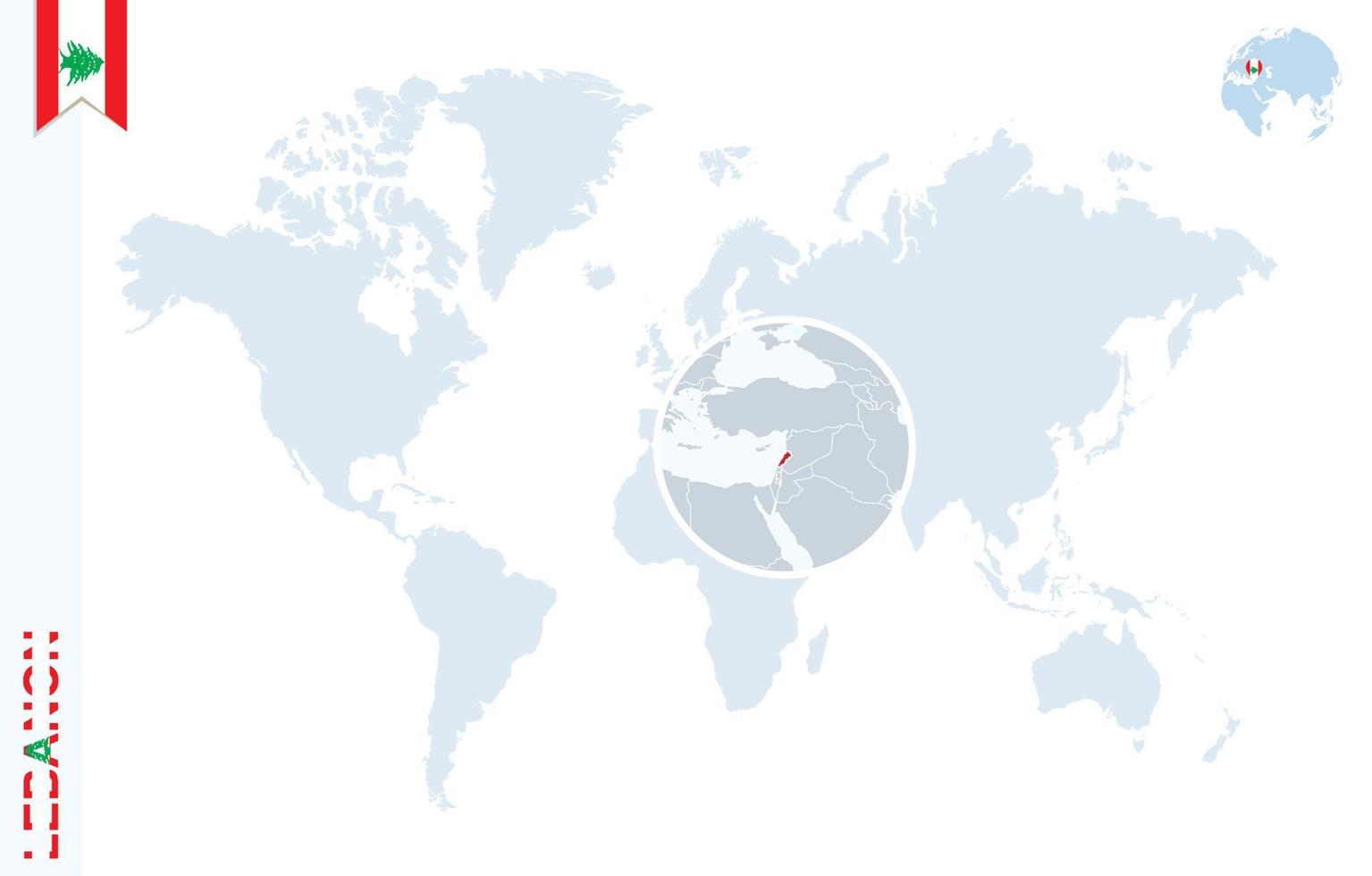 Blue world map with magnifying on Lebanon. vector