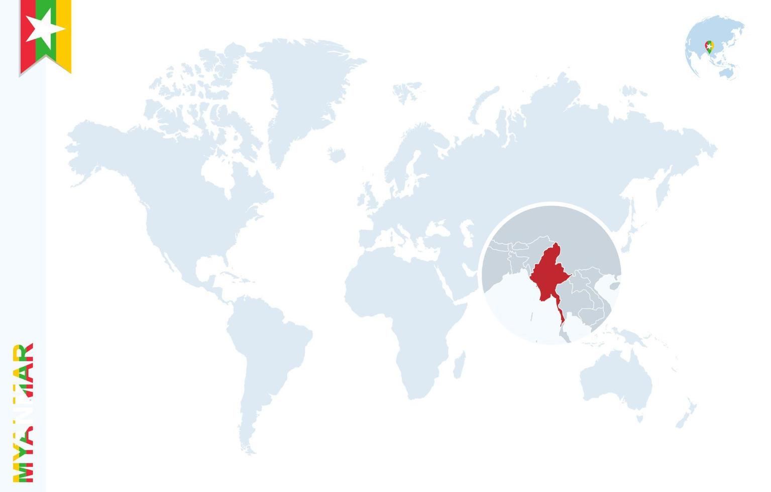 mapa del mundo azul con lupa en myanmar. vector