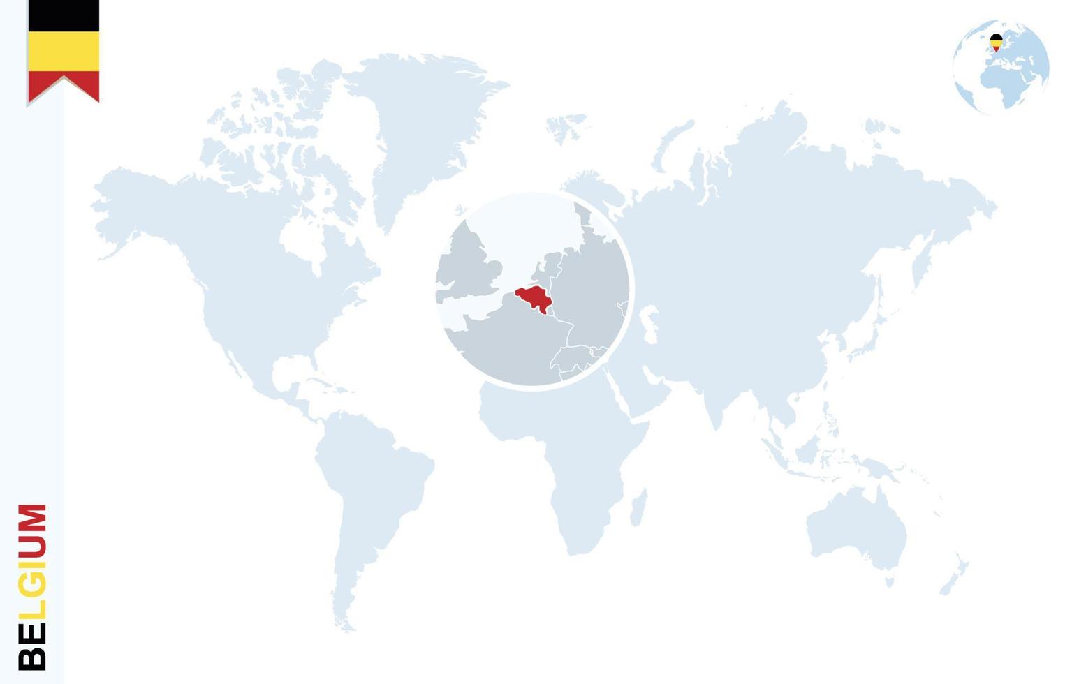 Blue world map with magnifying on Belgium. vector