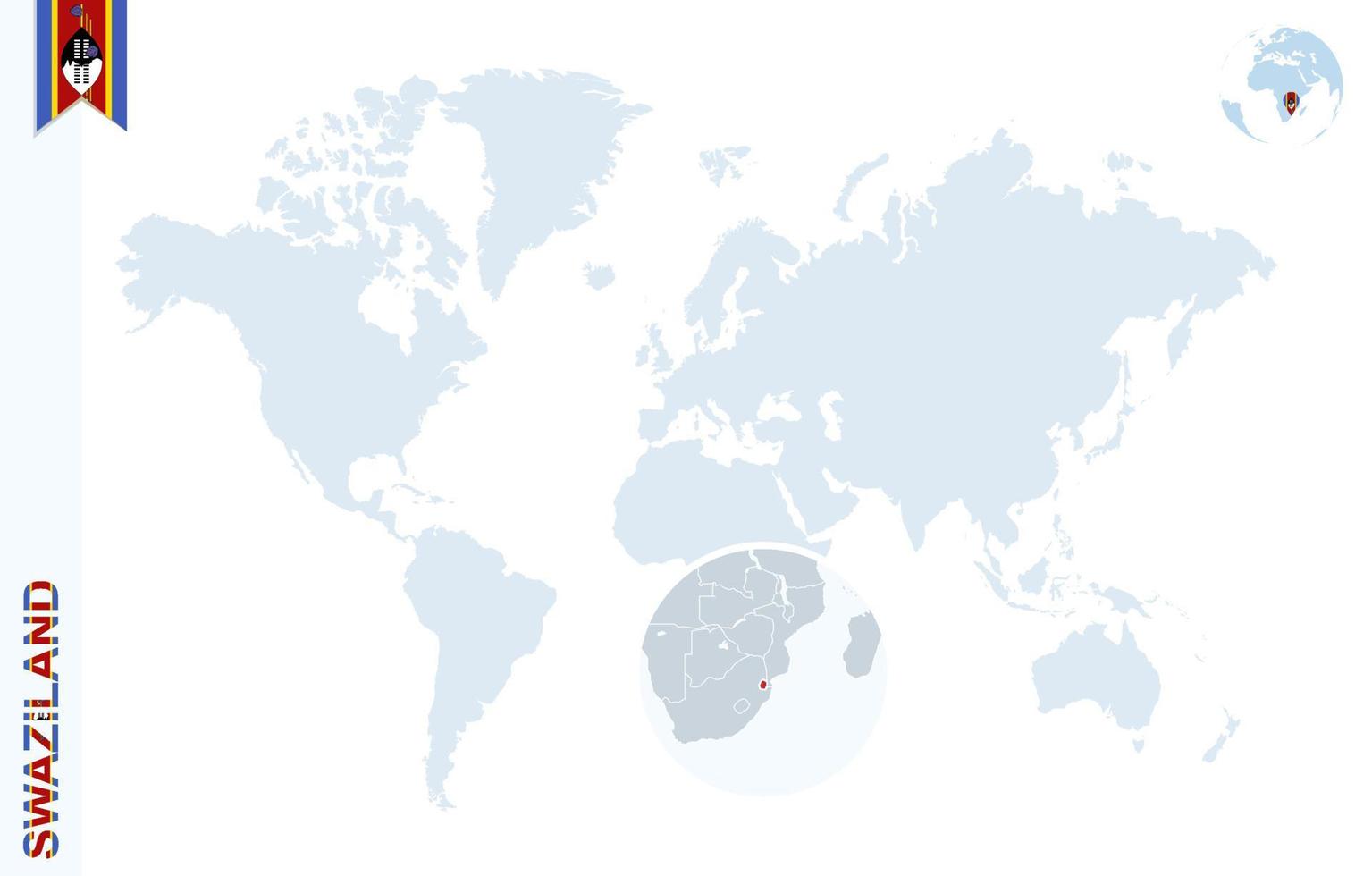 mapa del mundo azul con lupa en swazilandia. vector