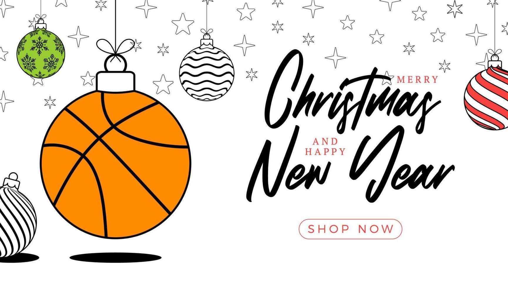 tarjeta de felicitación navideña de baloncesto en estilo de línea de moda. feliz navidad y feliz año nuevo esbozan banner deportivo de dibujos animados. pelota de baloncesto como una bola de Navidad sobre fondo blanco. ilustración vectorial vector