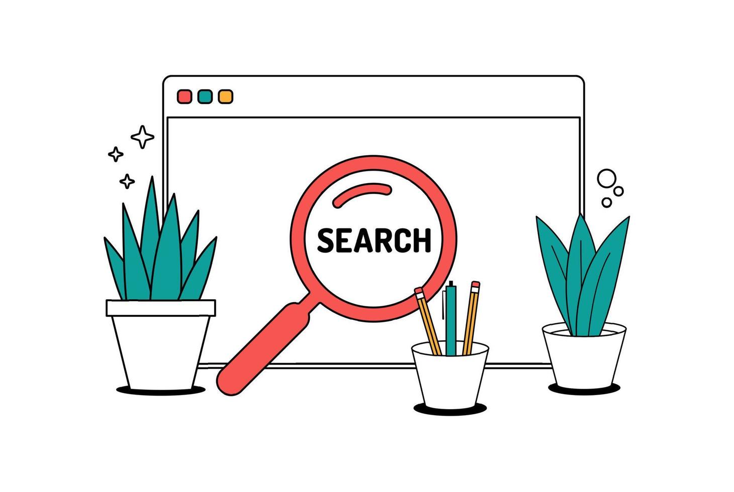 Search screen concept. minimal cartoon line style magnifying glass icon with computer window. Vector illustration online Browser search concept.