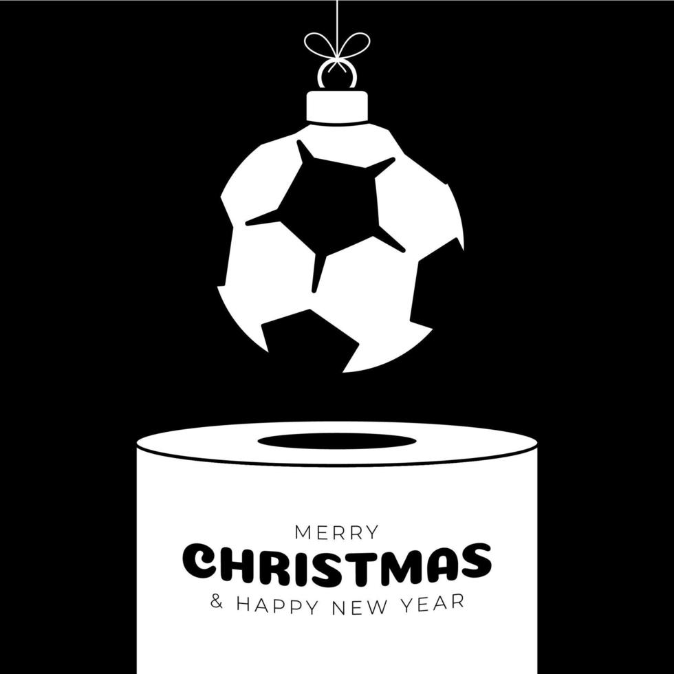 fútbol, pedestal de adorno navideño de fútbol. feliz navidad tarjeta de felicitación deportiva. colgar en un hilo de fútbol, pelota como una pelota de Navidad en el podio blanco sobre fondo negro. ilustración vectorial de moda deportiva. vector