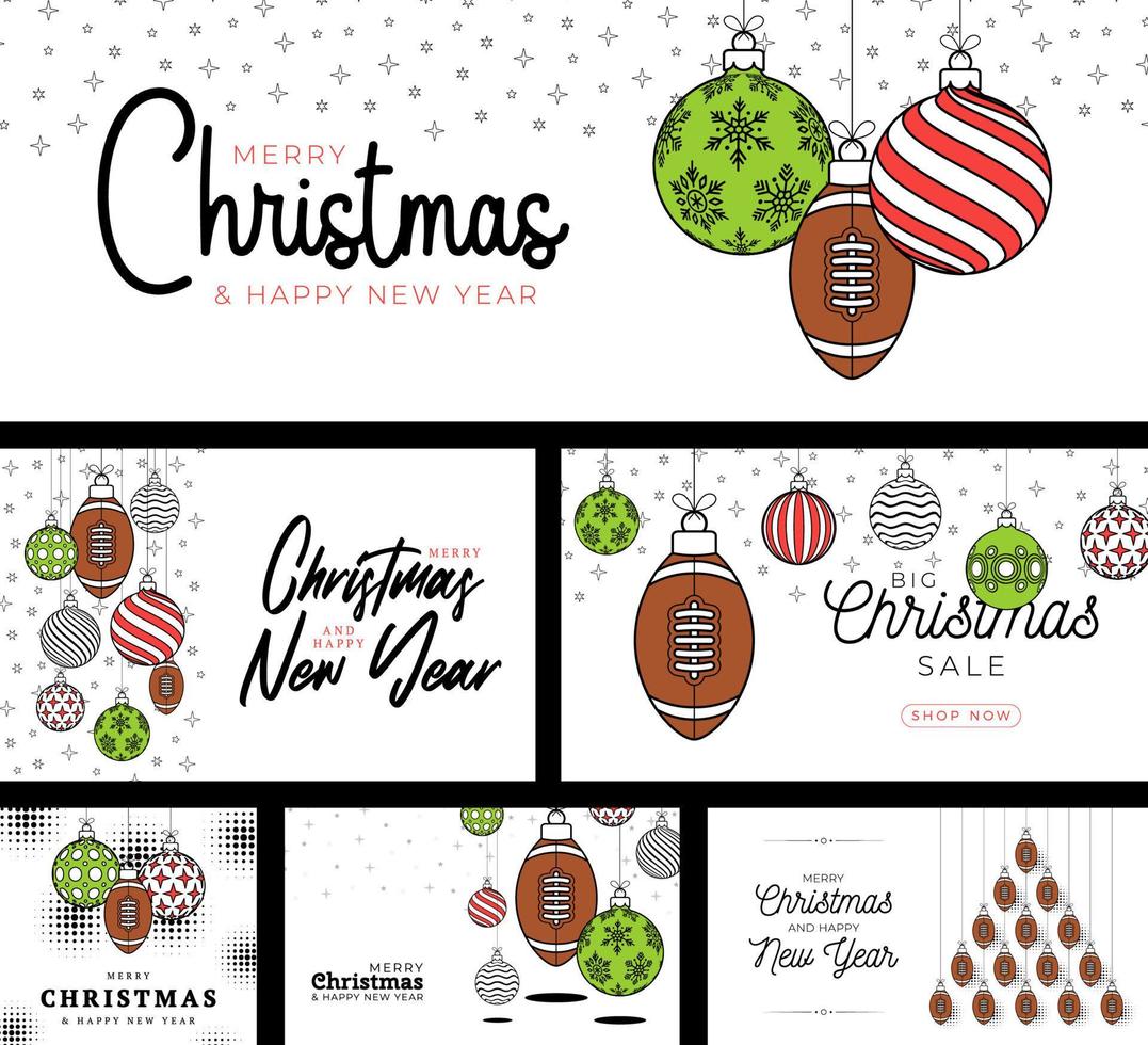 fútbol, tarjeta de navidad deportiva de rugby ambientada en un estilo de línea de moda. feliz navidad deporte tarjeta de felicitación plana. colgar en una bola de hilo como una bola de navidad. colección de ilustraciones vectoriales deportivas. vector